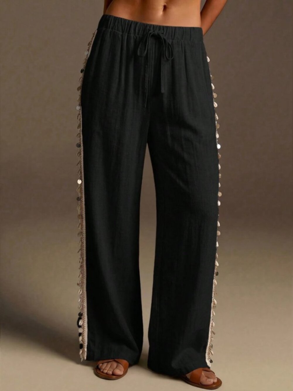 Black Wide Leg Pants with Coin Sequin Side Trim